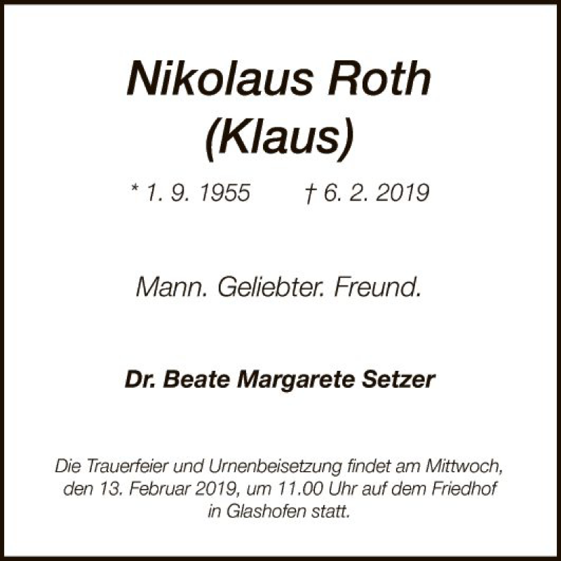  Traueranzeige für Nikolaus Roth vom 09.02.2019 aus Fränkische Nachrichten