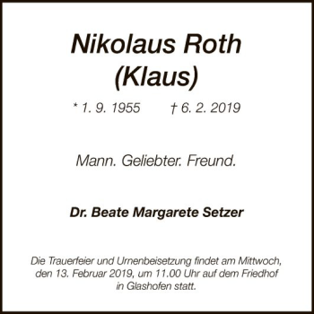 Traueranzeige von Nikolaus Roth von Fränkische Nachrichten
