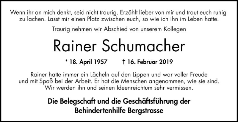  Traueranzeige für Rainer Schumacher vom 23.02.2019 aus Bergsträßer Anzeiger