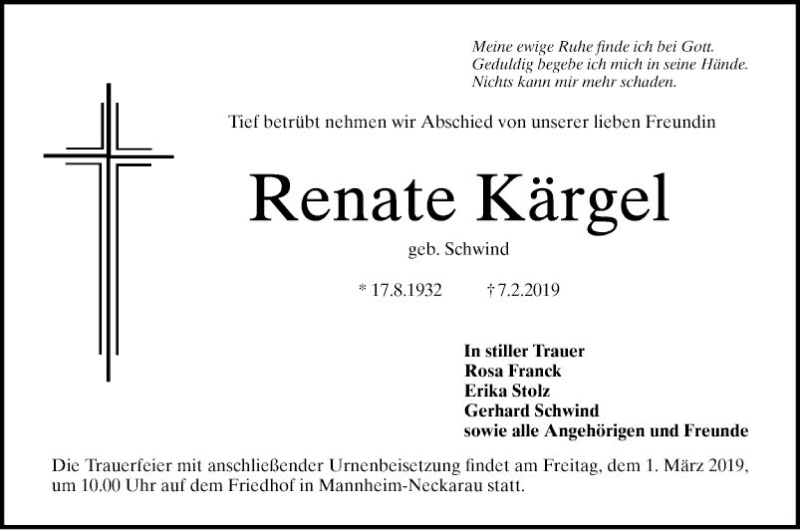  Traueranzeige für Renate Kärgel vom 23.02.2019 aus Mannheimer Morgen