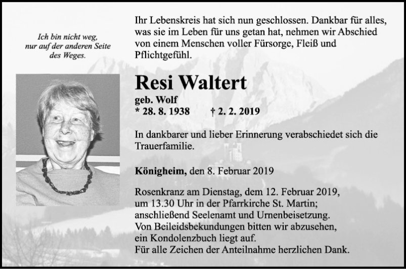  Traueranzeige für Resi Waltert vom 08.02.2019 aus Fränkische Nachrichten