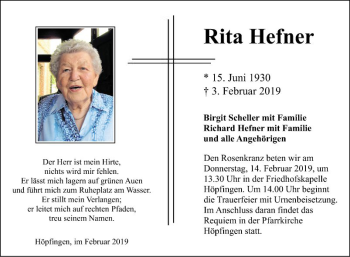 Traueranzeige von Rita Hefner von Fränkische Nachrichten