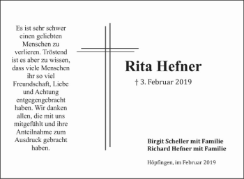 Traueranzeige von Rita Hefner von Fränkische Nachrichten