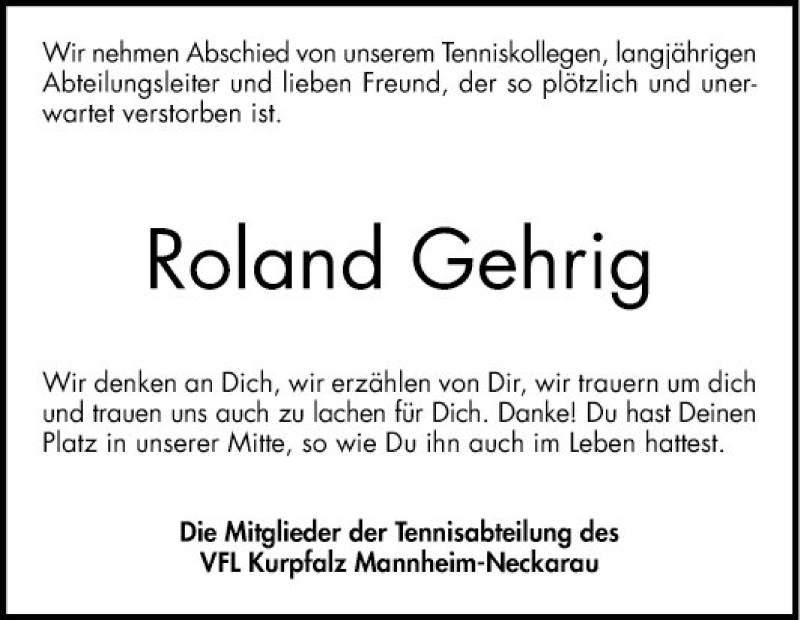  Traueranzeige für Roland Gehrig vom 16.02.2019 aus Mannheimer Morgen