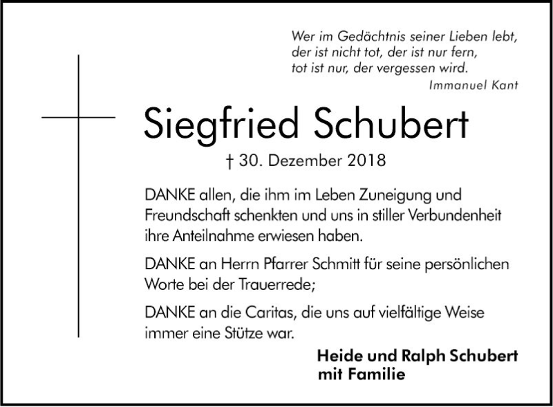  Traueranzeige für Siegfried Schubert vom 02.02.2019 aus Südhessen Morgen