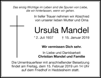 Traueranzeige von Ursula Mandel von Mannheimer Morgen