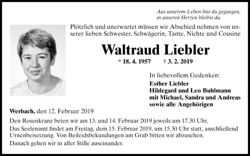  Traueranzeige für Waltraud Liebler vom 12.02.2019 aus Fränkische Nachrichten