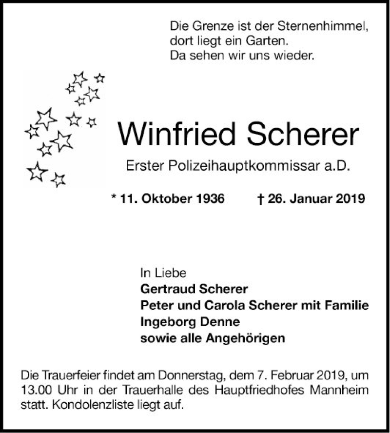  Traueranzeige für Winfried Scherer vom 02.02.2019 aus Mannheimer Morgen