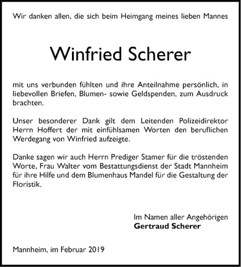  Traueranzeige für Winfried Scherer vom 23.02.2019 aus Mannheimer Morgen