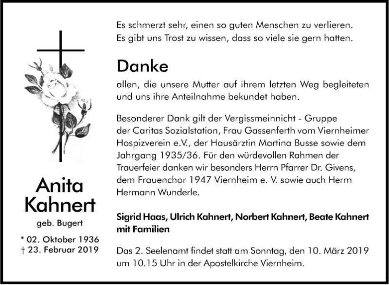  Traueranzeige für Anita Kahnert vom 09.03.2019 aus Südhessen Morgen