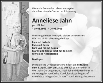 Traueranzeige von Anneliese Jahn von Fränkische Nachrichten