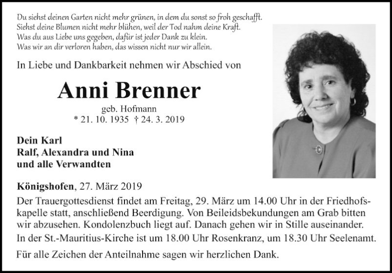  Traueranzeige für Anni Brenner vom 27.03.2019 aus Fränkische Nachrichten