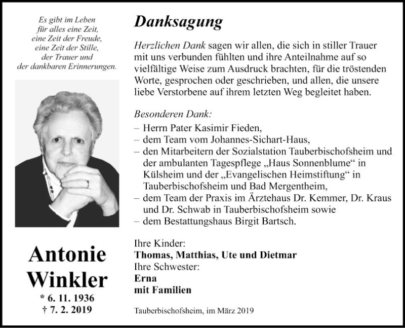  Traueranzeige für Antonie Winkler vom 09.03.2019 aus Fränkische Nachrichten