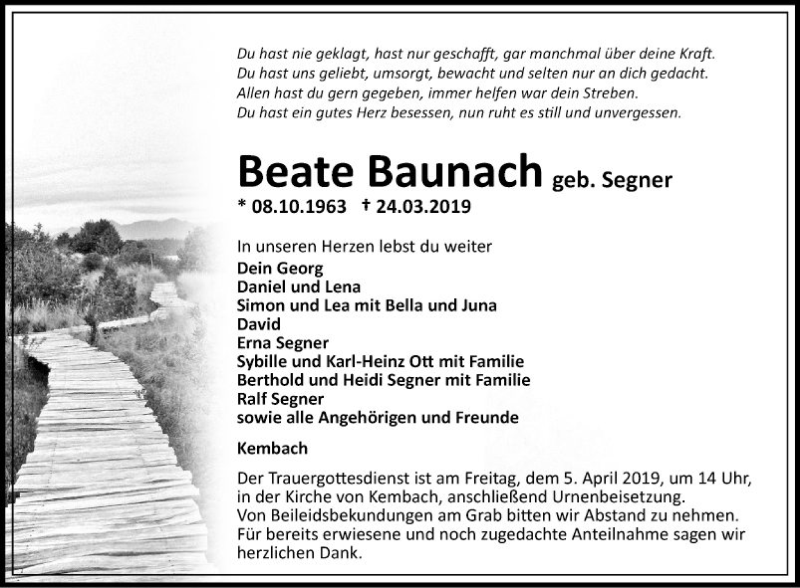  Traueranzeige für Beate Baunach vom 30.03.2019 aus Fränkische Nachrichten