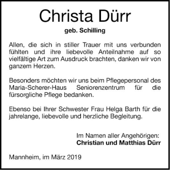 Traueranzeige von Christa Dürr von Mannheimer Morgen