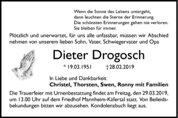 Traueranzeige von Dieter Drogosch von Mannheimer Morgen