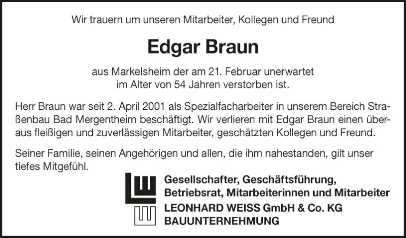  Traueranzeige für Edgar Braun vom 06.03.2019 aus Fränkische Nachrichten