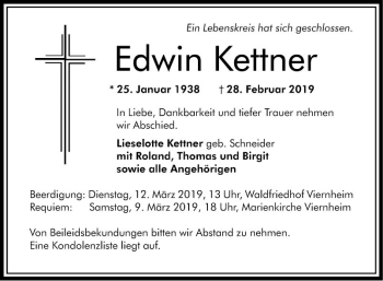 Traueranzeige von Edwin Kettner von Mannheimer Morgen