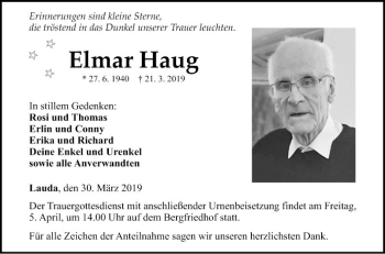 Traueranzeige von Elmar Haug von Fränkische Nachrichten