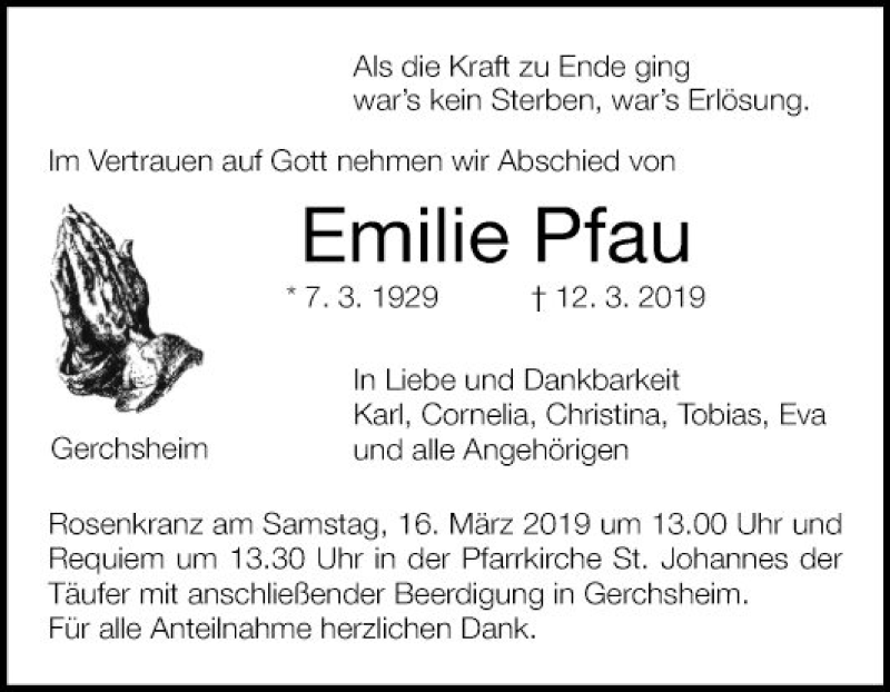  Traueranzeige für Emilie Pfau vom 14.03.2019 aus Fränkische Nachrichten