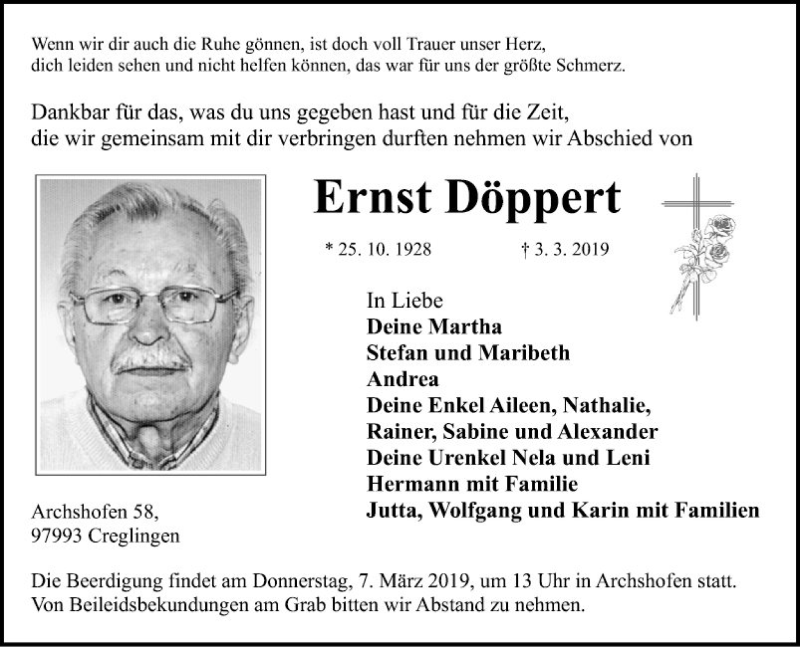  Traueranzeige für Ernst Döppert vom 05.03.2019 aus Fränkische Nachrichten