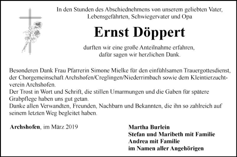  Traueranzeige für Ernst Döppert vom 23.03.2019 aus Fränkische Nachrichten