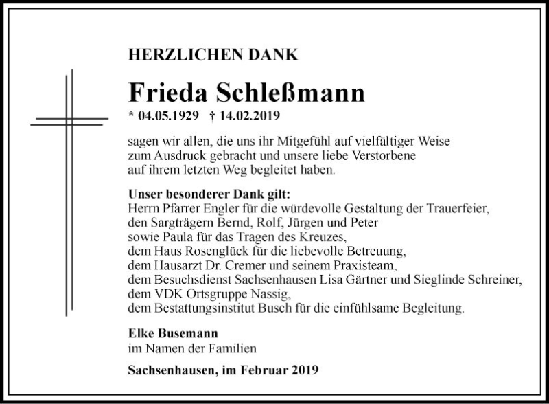  Traueranzeige für Frieda Schleßmann vom 02.03.2019 aus Fränkische Nachrichten