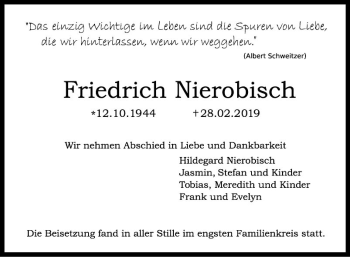 Traueranzeige von Friedrich Nierobisch von Fränkische Nachrichten