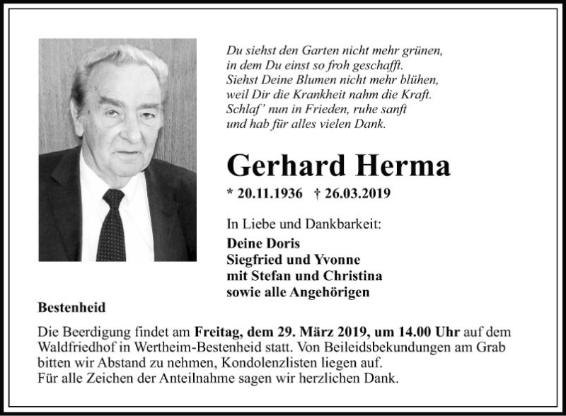  Traueranzeige für Gerhard Herma vom 28.03.2019 aus Fränkische Nachrichten