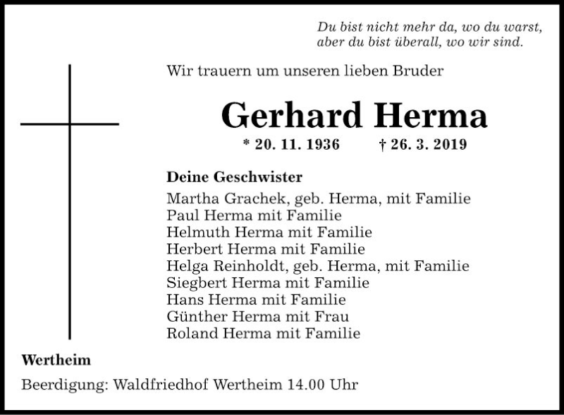  Traueranzeige für Gerhard Herma vom 28.03.2019 aus Fränkische Nachrichten