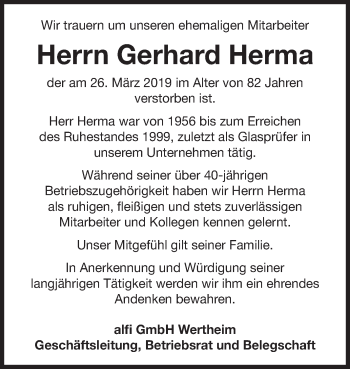 Traueranzeige von Gerhard Herma von Fränkische Nachrichten