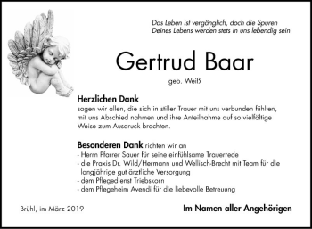 Traueranzeige von Gertrud Baar von Schwetzinger Zeitung