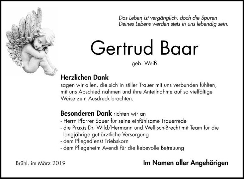  Traueranzeige für Gertrud Baar vom 13.03.2019 aus Schwetzinger Zeitung