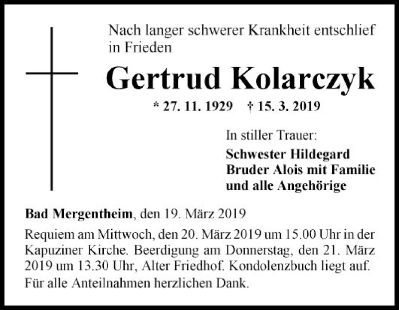  Traueranzeige für Gertrud Kolarczyk vom 19.03.2019 aus Fränkische Nachrichten