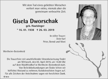 Traueranzeige von Gisela Dworschak von Fränkische Nachrichten