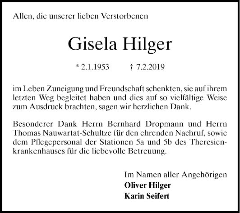  Traueranzeige für Gisela Hilger vom 09.03.2019 aus Mannheimer Morgen