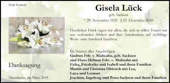 Traueranzeige von Gisela Lück von Mannheimer Morgen