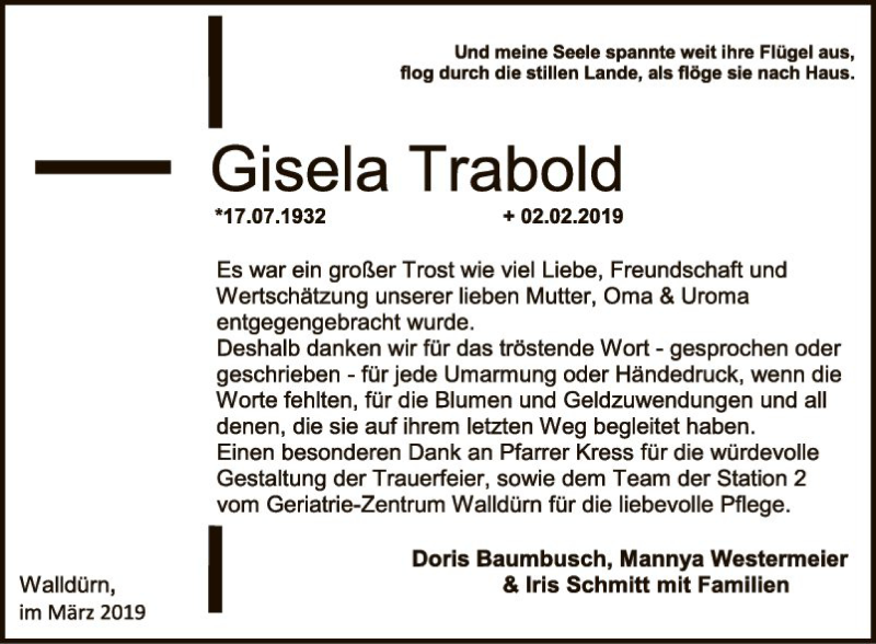  Traueranzeige für Gisela Trabold vom 09.03.2019 aus Fränkische Nachrichten
