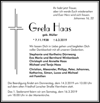 Traueranzeige von Greta Haas von Südhessen Morgen