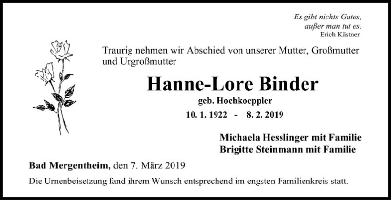  Traueranzeige für Hanne-Lore Binder vom 07.03.2019 aus Fränkische Nachrichten