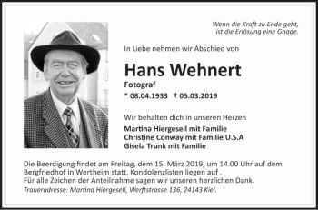 Traueranzeige von Hans Wehnert von Fränkische Nachrichten