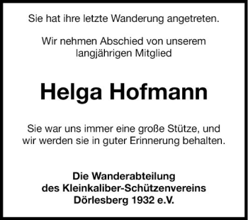 Traueranzeige von Helga Hofmann von Fränkische Nachrichten