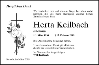 Traueranzeige von Herta Keilbach von Schwetzinger Zeitung