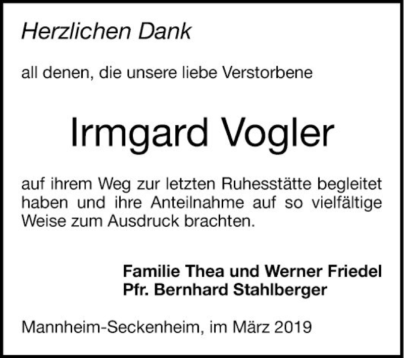  Traueranzeige für Irmgard Vogler vom 23.03.2019 aus Mannheimer Morgen