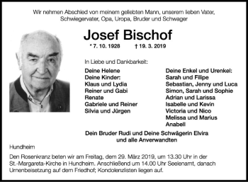 Traueranzeige von Josef Bischof von Fränkische Nachrichten
