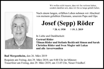 Traueranzeige von Josef Röder von Fränkische Nachrichten