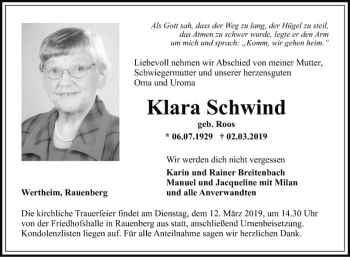Traueranzeige von Klara Schwind von Fränkische Nachrichten