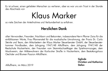 Traueranzeige von Klaus Marker von Schwetzinger Zeitung