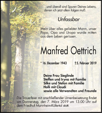 Traueranzeige von Manfred Oettrich von Mannheimer Morgen