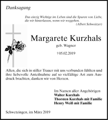 Traueranzeige von Margarete Kurzhals von Schwetzinger Zeitung
